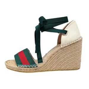 Gucci Lilibeth Sylvie Web Espadrille Wedge Sandals Green Red Stripe 41 | 10.5